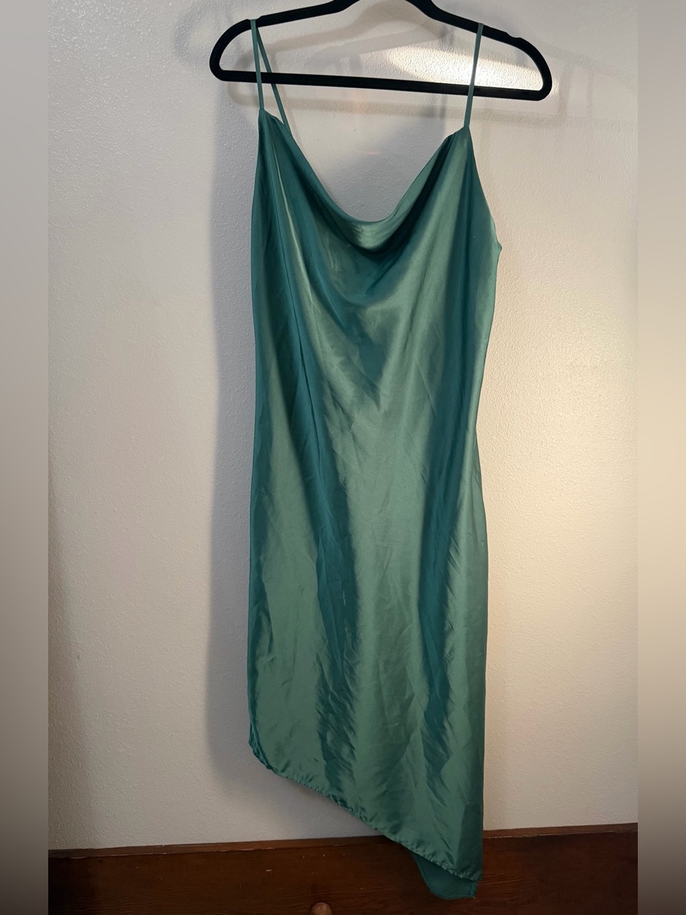 Forever 21 Sage Green Satin Cowl Neck Asymmetrical Hem Slip Dress Large